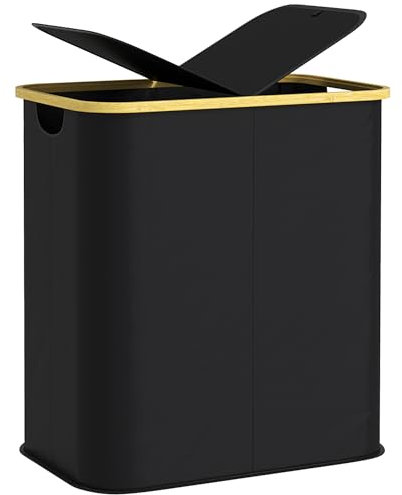 HOMCOM Panier à linge double pliable 80 L corbeille à linge sale avec couvercle, poignées rainurées, bac à linge pour salle de bain, chambre à coucher, buanderie, noir