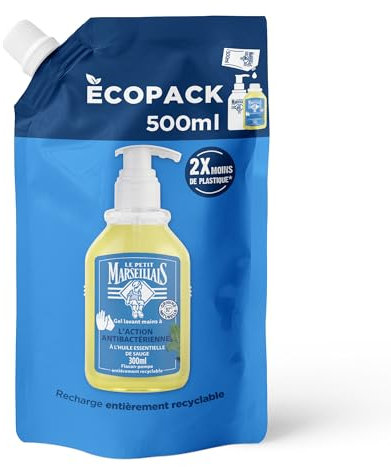 Le Petit Marseillais | Recharge Gel Lavant Mains Antibactérien (écopack de 500 ml) – Recharge savon liquide pour flacon-pompe – Savon mains à l’huile essentielle de sauge