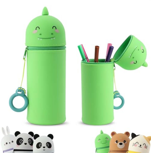 MHwan Kawaii Federmäppchen, Niedlicher und Bequemer Silikongriff, Leicht zu Transportieren und Aufzuhängen, Kann Als Stiftehalter und Mäppchen Verwendet Werden, Robust und Langlebig (Dino)