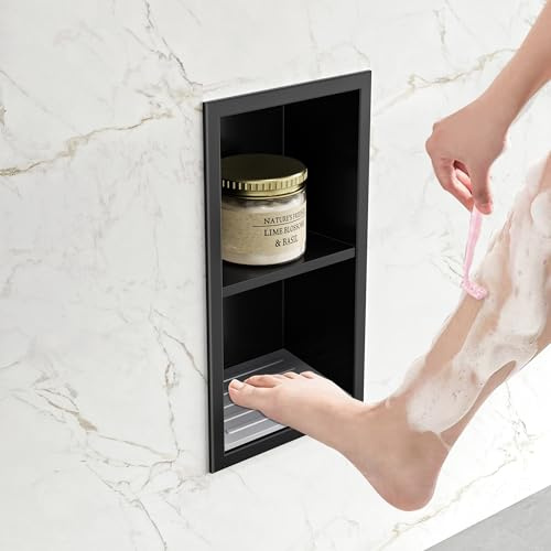 Neohomee Douche murale - Repose-pieds encastré avec étagère - En acier inoxydable 304 - Niche noire avec coussinets en silicone antidérapants - Pour salle de bain - 34 x 18 cm