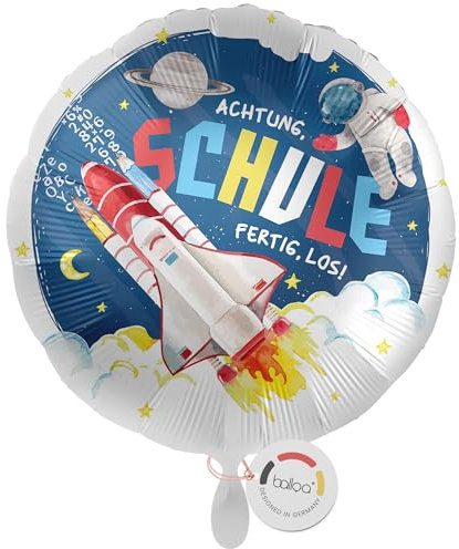 balloa Folienballon Schulkind, runder Helium Ballon zur Einschulung mit Rakete und Astronaut in Blau, Geschenk zum Schulanfang für Jungen, Einschulungsdeko, befüllbar mit Luft oder Helium, 33cm