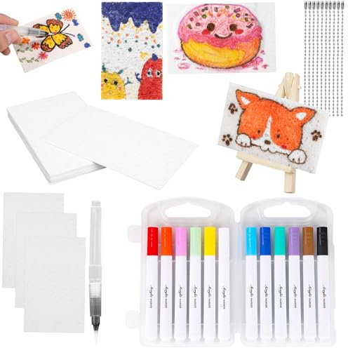lasuroa 10pcs Papier Texturé en Mousse Magique, Peinture Gonflante Rectangle Papier Mousse Magique avec Pinceau à Eau Éponge Dessin 3D Fournitures Bricolage pour Enfants