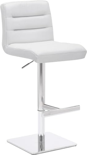 Lamboro Luscious Deluxe Real Leather Breakfast Bar Stool, Chrome Footrest, Adjustable Swivel Gas Lift, Home Bar & Kitchen Barstool, White