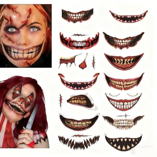Halloween Prank Makeup Temporary Tattoo, Halloween Mund Tattoo, Hallo ween Temporäre Tattoo Gruselige Hallo ween Tattoos Aufkleber Skelett Make up Accessoires Narben Tattoos (12PC)