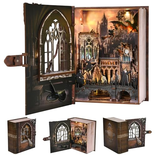 MiniCity Magische Flugschule Book Nook Kit mit LED, Holzpuzzle fürs Regal | Erschaffe eine magische Flugschule; 154 Teile mit LED-Licht und Staubschutz, Kleber, Werkzeug, Aufbau 4–6 Std., ab 14 Jahren.