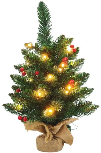 Maxesla Mini Christmas Tree with Lights, 50cm Small Pre Lit Table Top Christmas Tree with Holly Decorations, 8 Lighting Modes Desk Christmas Trees, Tabletop Artificial Xmas Tree for Home Office Décor