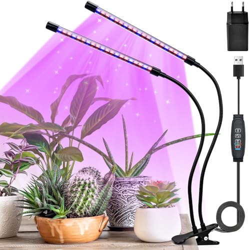 OHFAMO Pflanzenlampe LED mit 2 Köpfen, 40 LED Vollspektrum Pflanzenlicht für Zimmerpflanzen mit Zeitschaltuhr 3/9/12H, 3 Lichtmodi, 10 Helligkeitsstufen, USB Wachstumslicht mit Clip