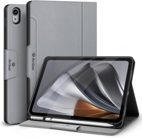Antbox Hülle für iPad A16 11./10. Generation 11/10,9 Zoll 2025/2022 Grau | PU Leder, Integrierter Stifthalter, Multi-Winkel-Ständer, Auto Schlaf/Wach Funktion
