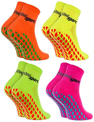 Rainbow Socks - Donna Uomo Neon Calze Sportive Antiscivolo - 4 paia - Arancione Giallo Rosa Verde - Taglia 36-38