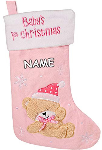 alles-meine.de GmbH 3D Effekt XL - Weihnachtssocke & Weihnachtsstrumpf - inkl. Name - Baby´s First Christmas - Teddybär - rosa/pink - 45 cm - Mädchen Baby/Geburt - 1 Jahr -..