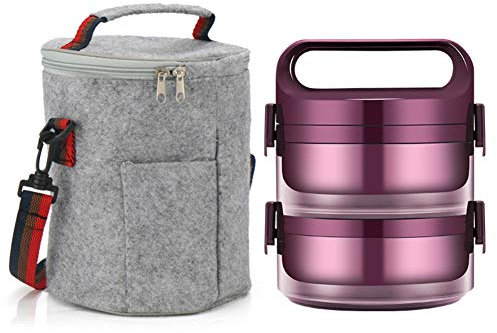 Q&Z Termo para Comida,Alimentos Calientes Contenedor Aislado para Adultos NiñOs Y BebéS Acero Inoxidable Fiambrera TéRmica para Comida Sopa,Púrpura,2 Layers + Bag