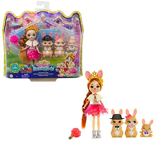 Enchantimals GYJ08 - Familien-Spielzeugset mit Hasenmädchen Brystal Bunny (15,2 cm), aus der Royals Kollektion, 3 Hasenfiguren und 4 Zubehörteilen, tolles Geschenk für Kinder von 3 bis 8 Jahren