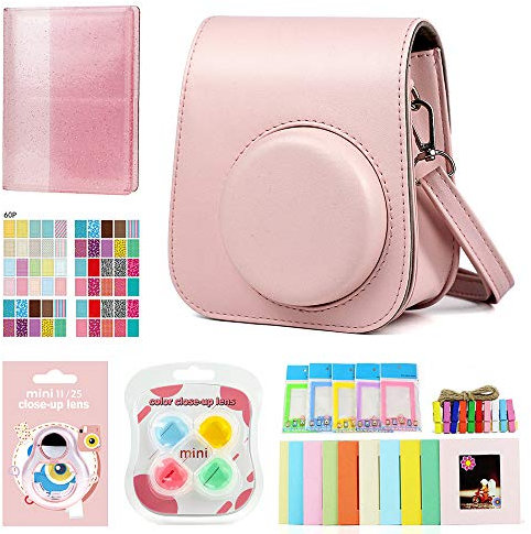 Berfea Kamera Zubehör Schutzhülle Set kompatibel mit Fujifilm Instax Mini 12/ Mini 11/9 Sofortbildkamera, beinhaltet Tasche, Fotoalbum, Rahmen, Wandaufhängung, Filter, Aufkleber(Rosa)