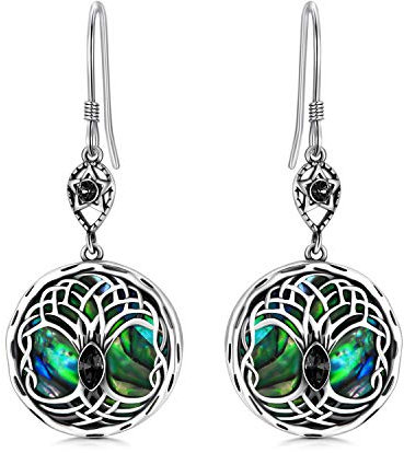 Celtic Tree of Life Earrings Sterling Silver Family Tree Dangle Drop Earrings with Birthstone Crystals, Birthday Jewellery Gifts for Women Her (Black)