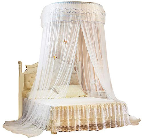 Shipenophy Atmungsaktive Faltbare Bettvorhang Runde Baldachin Bett Vorhang Spitze Prinzessin Stil Für Schlafzimmer Haushalt Wohnkultur(White)