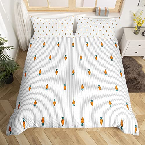 Loussiesd Karotte Bettbezug Set Kinder Niedlich Möhren Streifen Bettwäsche Set 135x200cm Jungen Mädchen Kaninchenfutter Dekor Betten Set Mikrofaser Weiß Streifen Lines Schlafzimmer
