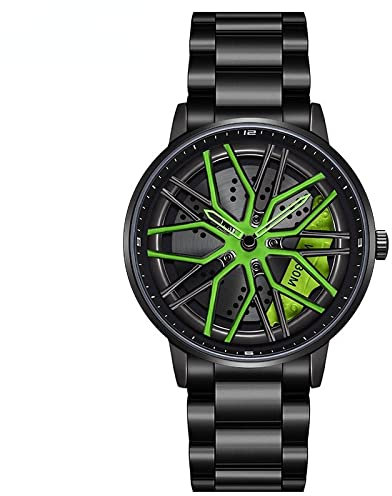 RWXCOW Auto Rad Felgen Nabenuhr - Hohl wasserdicht Sport Uhr für Herren Geschenke Armbanduhren, wasserdichte Edelstahl Armbanduhr, wasserdichte Edelstahl Armbanduhr.Stahlband(GrünerZeiger)