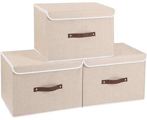 Yawinhe 3 Stück Aufbewahrungsbox aus Stoff, Faltbare Stoffboxen, Waschbare, für Schlafzimmer, Kleideraufbewahrung, 45x30x30cm, Beige, SNK018BE-L