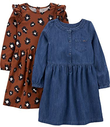 Simple Joys by Carter's 2-Pack Long-Sleeve Dress Set Robe décontractée, Bleu Jean Foncé/Brun Guépard, 5-6 Ans (Lot de 2) Fille