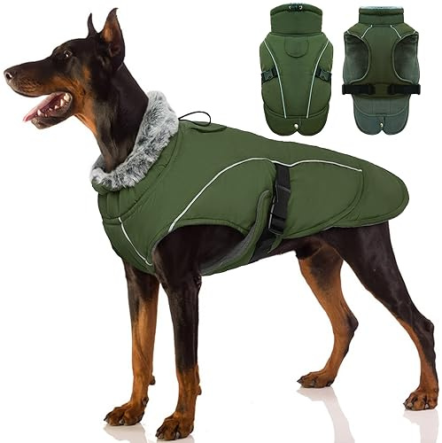 PUMYPOREITY Giacca Invernale Impermeabile Cani, Giubbotto Antivento Calda Cuccioli Riflettente Cappottino con Fodera in Pile Vestito Invernale Gilet Riflettente per Cani(Verde Militare, L)