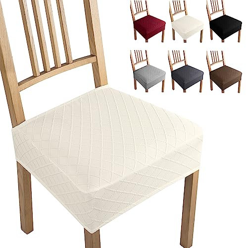 Jacquard Esszimmerstuhl Sitzbezüge Set of 4 Universal Stretch-Sitzbezüge Keine Rückenlehne Stuhl Sitzbezüge Abnehmbar Waschbar Stuhlhussen Stuhlsitzbezüge für Küche,Hotel,Bankett(Set of 4, Creme-B)