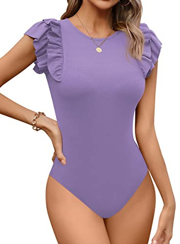 Missufe Body Damen Bodysuit Elegant Rundhals Damen Rüschen Kurzarm Top (Lila, Klien)