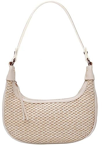 RTGGSEL Boho Summer Retro - Bolso de mano de paja de ratán para mujer, bolso de hombro cruzado, bolso de mano para las axilas, bolso de paja, Blanco, Bohemio