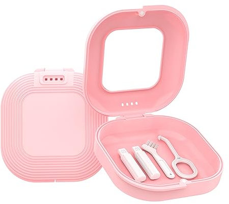 Luojuny Retainer Case mit Belüftungslöchern, Spiegel, schlanke Halterungshülle, Zahnersatzetui für Reisen, Mundschutz mit Zahnfleisch, Picker, Reinigungsbürste, für Damen und Herren, Rosa