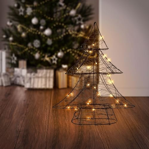 ECD Germany Albero di Natale con 30 LED Decorazione Natalizia con Illuminazione Colore della Luce Bianco Caldo in Metallo Nero 40 cm con Timer e Batterie Ornamento Decorativo per le Feste Invernali