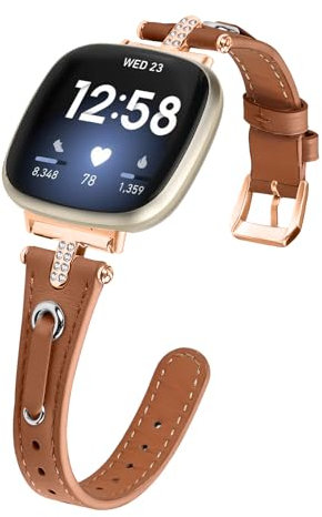 Gimuk Lederbänder Kompatibel mit Fitbit Versa 4/Versa 3 Armband für Frauen, Echtes Leder Armband Metall Bling Strass Ersatz Uhrenarmband Strap Armband für Sense 2/Sense, Small / Large, Leder, Diamant