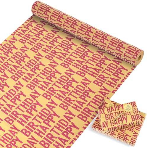 MAMUNU Rouleau de papier cadeau d'anniversaire kraft rouge, rouleau de papier cadeau « Happy Birthday » rouge pour garçons, hommes, femmes, filles, anniversaire, 43,2 x 150,2 cm (70 m²)