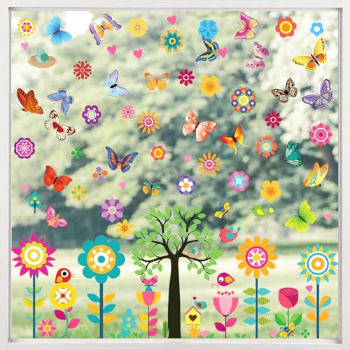 Hianjoo Fensterbilder Frühling Wiederverwendbar, Frühling Deko Fenster Aufkleber, Fenstersticker mit Blumen Schmetterlinge Vögel, Fensterdeko Frühling für Kinderzimmer