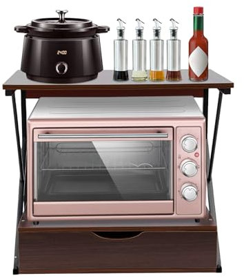 GMSLuu Étagère à micro-ondes à 2 niveaux avec tiroirs - Organisateur de placard à micro-ondes debout - Étagères de boulangerie - Organiseur de cuisine - 54 x 35 x 50 cm (chêne + noir)