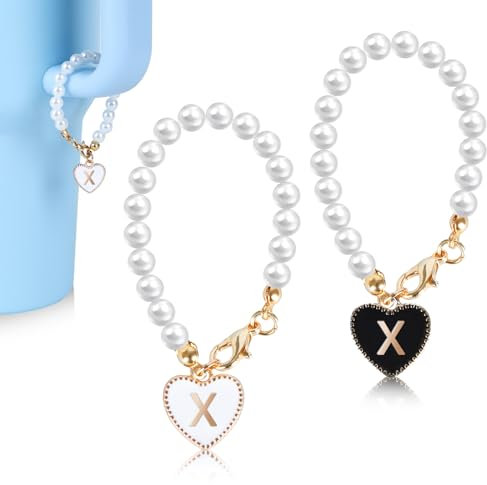 CoziCorner Stanley Cup Premium Set, Pearl Letter Accessories for Stanley/Simple Modern Tumbler, 2PCS Heart Shape Initial Name ID Personalized Handle (X)