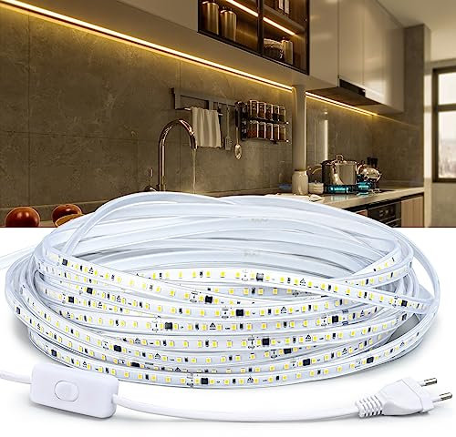 Striscia LED 220V esterno impermeabile 30 metri,Strisce nastri led adesive 220v da interno,120leds/m Bianco Caldo 3200K,decorazioni per la casa Illuminazione, cucina,giardino,luce LED con interruttore