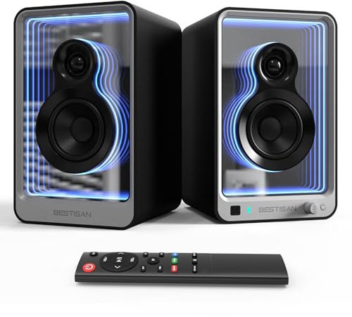 BESTISAN SR15 Bluetooth Bookshelf Speakers, Active Stereo Speakers for TV/Record Player with Subwoofer Out and Light Effects, Turntable Speakers with Optical/ARC/RCA Inputs for PC and TVs