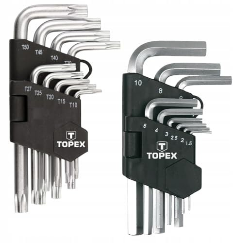 TOPEX Innensechskant Satz 18tlg | Torx T10 -T50 und Hex 1,5 mm - 10 mm | Kurze Innensechskant aus Cr-V-Stahl | Winkelschlüsselsatz -Winkelschraubendreher Set in Kunststoffclip
