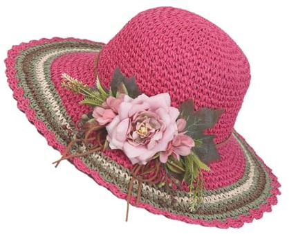 WUODHTW Sonnenhüte für Damen, Strandhut, breite Krempe, Strohhut, handgefertigt, Blume, Sonnenschutz, Papiergras, flacher Hut