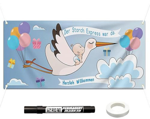 Storch Geburt Banner Set 160 x 70 cm Baby Storch Banner Welcome Home Baby Geburt Geschenk Zeichen hänge storch banner im Balkongarten Indoor Outdoor Gebrauch, Schafft eine Gemütliche Umgebung