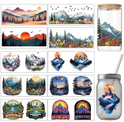 arricraft 10 fogli UV DTF Cup Wraps per Tazze di Vetro Da 16 OZ, 10 Stili Montagne Alberi Fiume Uccelli In Volo Trasferimenti Adesivi In PVC Decalcomanie Impermeabili per Mobili In Vetro Tazza