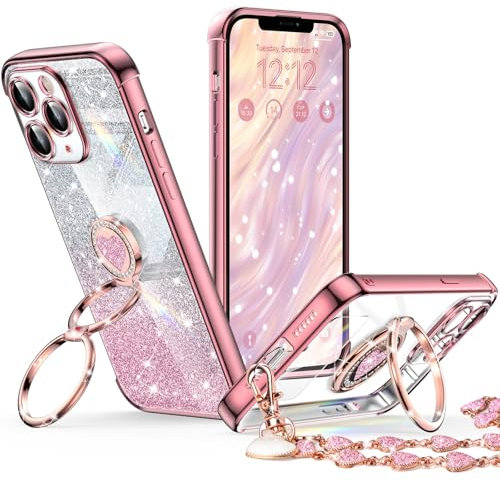XYZ for iPhone 11 Pro Case with Stand, Phone Case with Double Ring Kickstand, Women Girls Bling Luxury Glitter Clear Phone Case Cover Heart for iPhone 11 Pro, Rose Gold