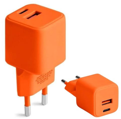 FOREVER COLORUM Cargador USB C USB A 30W Naranja - Función de Carga Rapida y Tecnología Power Delivery - Cargador Rapido USB con Carcasa Resistente al Fuego y Tecnología GAN - USB A USB C Charger