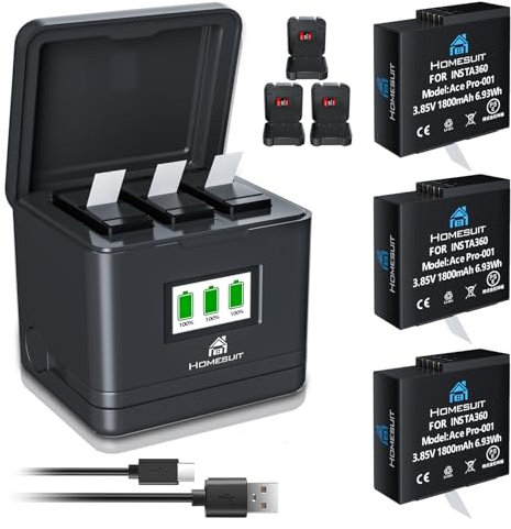 Homesuit 360 Ace Pro Replacement Battery 1800mAh and 3-Slots LCD Charger Kit for Insta360 Ace Pro / Insta360 Ace Camera Including Battery Box with SD Card Memory (3-Pack)