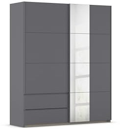 Rauch Möbel Stoke, Schwebetürenschrank, Garderobe, 2-türig, Spiegel, 2 Schubladen, Zubehör Classic, 4 Einlegeböden, Farbe Grau metallic, Schwarz, Griffleisten Grau metallic, 175x210x59cm
