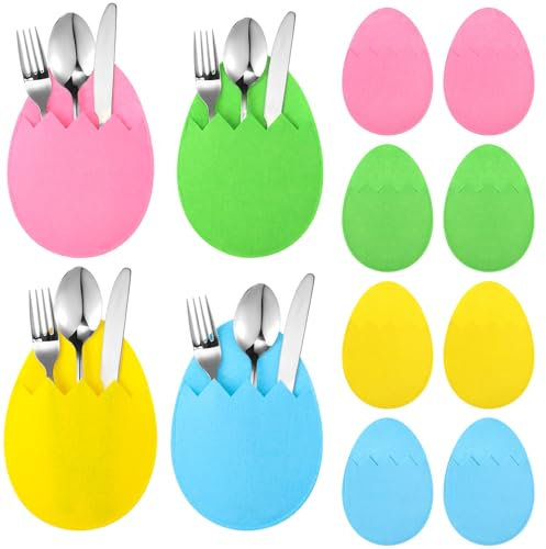 Beeveer 12 Stück Oster-Besteckhalter aus Filz, Osterei, Geschirr, Utensilienhalter, Tasche, Bestecktasche, Taschen für Messer, Gabeln, Organizer, Zuhause, Frühling, Ostern, Party, Tischdekoration