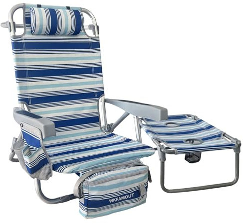 WKFAMOUT Rucksack Strandstuhl Klappbar mit Klapptisch 5 Position Verstellbarer Rückenlehne Niedrig Campingstuhl Gartenstuhl Klappstuhl mit Kühltasche Getränkehalter für Strand Garten Weiß