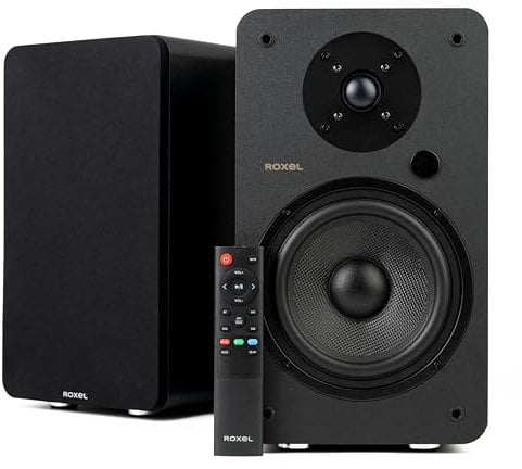 Roxel Onyx XL 120W Active Bookshelf Speakers, HiFi Stereo Wireless Speakers, BT 5.3, HDMI ARC, Optical, USB, RCA, Adjustable Bass/Treble, Full range 6.5 inch Bass Driver, 3 Metre Speaker Cable