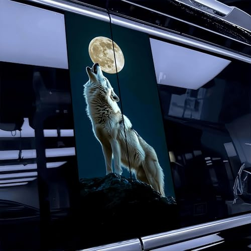 Vinyl-Autoaufkleber Mit Heulendem Wolf Im Mondlicht, 2 Stück HD Vinyl-Autoaufkleber Und-Abziehbilder, Wasserfeste Kratzfeste Säulenaufkleber, Sonnenschutz Langlebiges Autozubehör (Wolf-A)