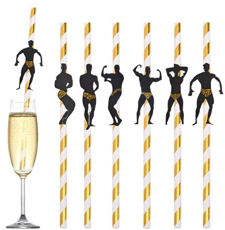 24pcs Hen Party Straws Bachelorette Hen Do Straw Drinking,Dancing Men Gold Stripe Cocktail Straws Naughty Drinking Straw for Birthday Wedding Bachelorette Hen Party Decorations Hen Do Accessories