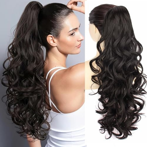 PORSMEER Pferdeschwanz Haarteil mit Klammer,Klauen Claw Clip in Haarverlängerung, 66cm Lang Voluminös Gewellt ponytail extension haarteil zopf Dunkelbraun für Damen